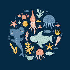 vector illustration, sea fish in a circle