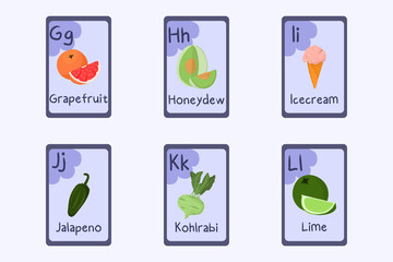 Colorful alphabet flashcard Letter G, H, I, J, K, L - grapefruit, honeydew, icecream, jalapeno, kohlrabi, lime.