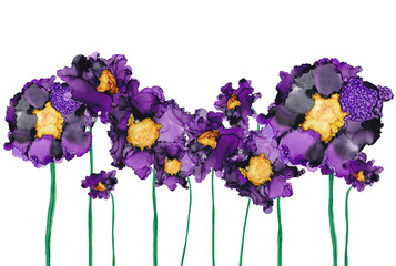 Purple flowers with green stems . Abstract painting,  isolated on white.  Alcohol ink Painting technique.