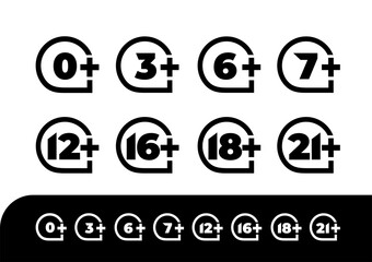 Age rating set icon 0, 3, 6, 7, 12, 16, 18, 21. Design vector illustration age limit for web and video games. Isolated on black and white background.