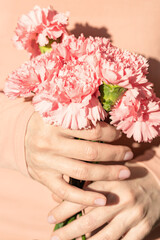 Woman's hands holding a bouquet of pink carnations.