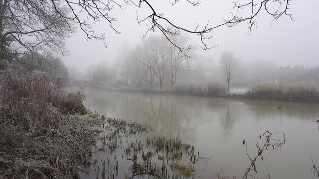 Frost, mist and fog on the dank river Leam in Jephson Gardens park in Leamington Spa, England, UK on a cold winter day