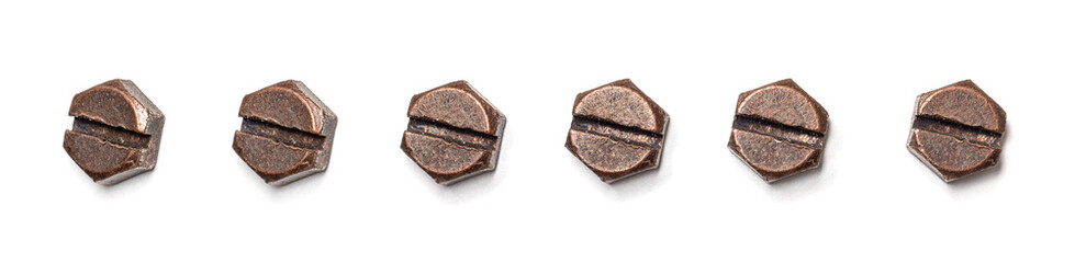 Slotted hex bolt from different perspectives on a white background