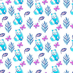 Seamless pattern with watercolor panda,butterflies,orchid and tropical leaf.Summer print of purple,pink,turquoise,magenta in colors on white isolated background.Designs for textiles,wrapping paper.