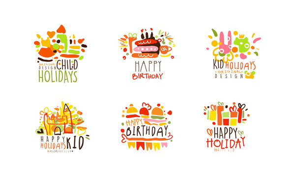 Child Holidays Logo Templates Design Set, Happy Birthday Hand Drawn Badges Vector Illustration