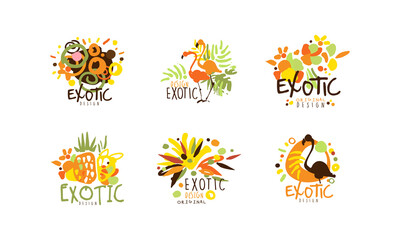 Fototapeta na wymiar Exotic Logo Original Design Collection, Summer Vacation, Tropical Resort Hand Drawn Badges Vector Illustration