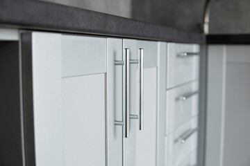 Modern minimalism style kitchen interior in monochrome tones. Custom kitchen with grey white...