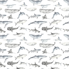 Watercolor seamless pattern with underwater fish whale, shark, dolphin, stingray, marlin, sperm whale on a white background