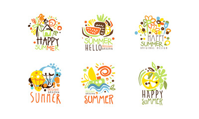 Happy Summer Logo Original Design Collection, Summer Vacation, Sale, Tropical Resort Hand Drawn Badges Vector Illustration