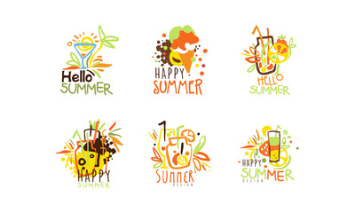 Obraz premium Hello Happy Summer Logo Design Set, Summer Vacation, Shopping Sale, Tropical Resort Hand Drawn Badges Vector Illustration