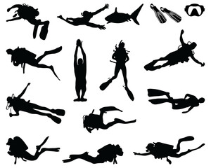 Black silhouette of diver on a white background