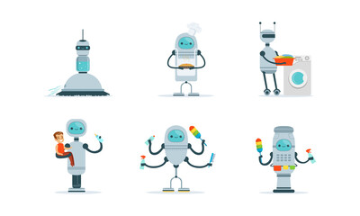 Housemaid Robots Characters Set, Home Robotic Assistant Helping People with Housework Cartoon Vector Illustration