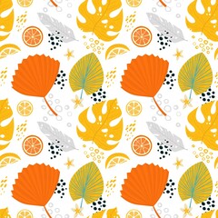 Tropical leaves seamless pattern. Vector bright color illustration.