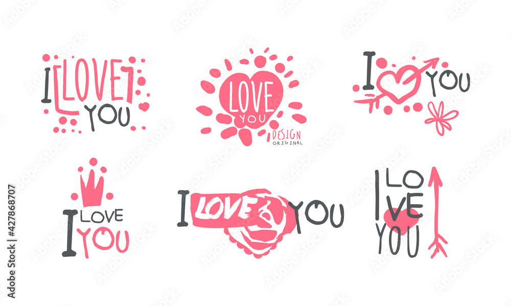 Sticker Love You Labels Collection, Holiday, Romantic Date Hand Drawn Badges Cartoon Vector Illustration - Stickers