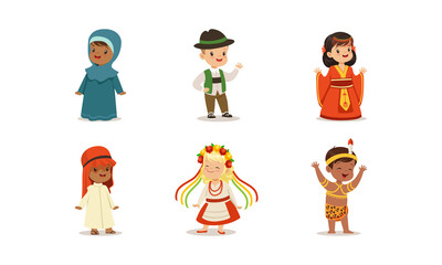 Cute Kids in National Costumes of Different Countries Set, Boys and Girls Wearing Clothes of Germany, Africa, Ukraine, China Countries Cartoon Vector Illustration