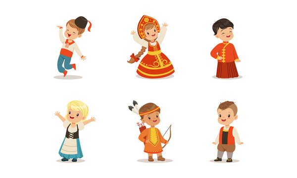 Cute Kids in National Costumes of Different Countries Set, Boys and Girls Wearing Russian, Danish, American Indian, French Ethnic Clothes Cartoon Vector Illustration