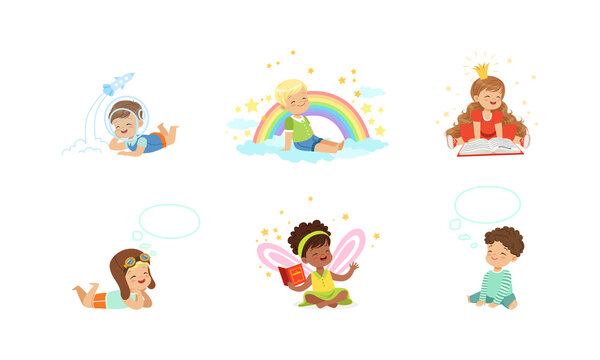 Kids Imagination and Fantasy Concept, Adorable Little Boys and Girls Dreaming about Future Profession, Playing in Fantasy World, Reading Fairy Tales Cartoon Vector Illustration