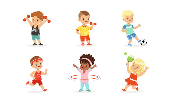 Cute Little Kids Doing Sports Set, Little Boys and Girls Exercising with Dumbbells, Playing Ball, Spinning Hula Hoop, Running Cartoon Vector Illustration