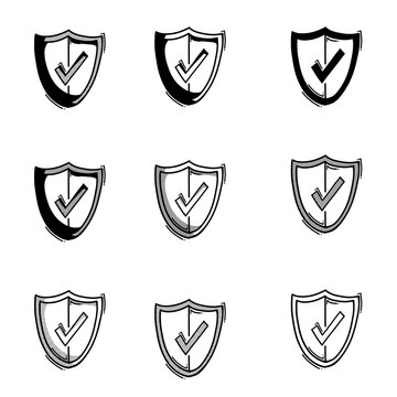 Shield Tick Mark Approved Doodle Vector Icon. Drawing Sketch Illustration Hand Drawn Line Eps10