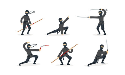 Fototapeta na wymiar Ninja Warriors Set, Japanese Fighter Wearing Black Clothes and Mask Fighting with Nunchucks and Katana Sword Cartoon Vector Illustration