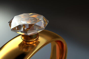 3D Gold ring with a large diamond close-up on a dark background