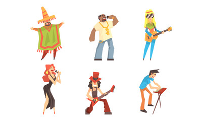 Set of People Playing Music and Singing in Different Genres, Ethnic Music Cartoon Vector Illustration