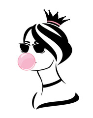 glamorous young woman wearing sunglasses and royal crown blowing pink bubble gum - modern young princess or queen vector portrait