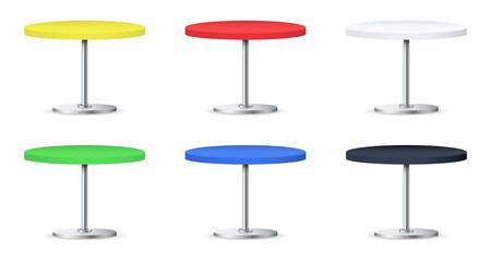 Set of realistic empty round tables with metal stand isolated on white background. Mock up template for your design. Colorful table concept of interior restaurant or cafeteria interior. 3d vector