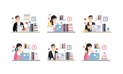 Modern Office Workplace with Employees Set, Male and Female Office Workers Daily Routine Cartoon Vector Illustration