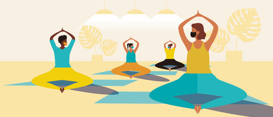 Meditation, yoga during quarantine, flat vector stock illustration with group of women with medical mask for protection from covid
