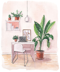 Watercolor sketch of the workspace with the desk, laptop, bookshelf, pedant, poster and home plants on the pink background.