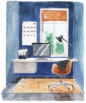 Watercolor sketch of the office room in blue color with the furniture, window, rug and computer.