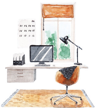 Sketch of the office room with the computer, window, desk, chair and rug on the white background.