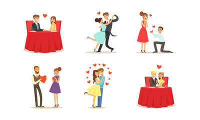 Happy Romantic Couples on Date Set, Young Men and Women Celebrating Holidays, Making Proposal, Dancing Together Cartoon Vector Illustration