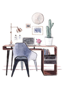 Sketch of the work place with the chair, desk, lamp, computer and cacti.