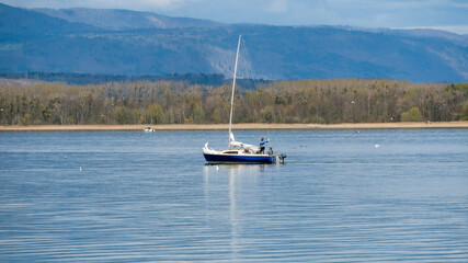 Sailboat on a journey in lake Murten , Switzerland