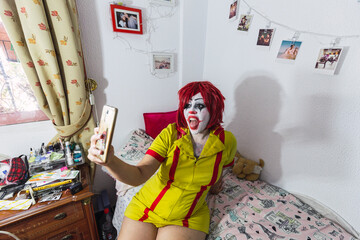 Closeup shot of a white Caucasian female wearing clown clothes