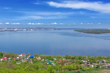 View of the bend of the Volga River in spring from a high cliff