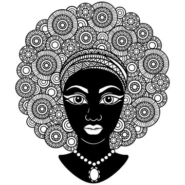 Black Curly Head African American Woman In Mandala Style. Vector Coloring Page For Adult In Mandala Style