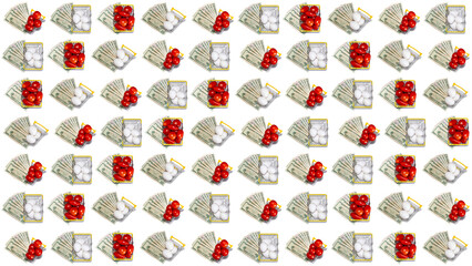 Ripe red tomatoes and fresh white eggs in shopping baskets and carts with us dollar bills underneath them. Tomatoes, eggs shopping. Seamless pattern. Website background. Isolated on white background