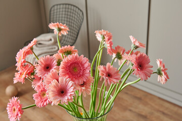 Vase of flower on the chair, still life, colorful, decorative room background, home design and plant.