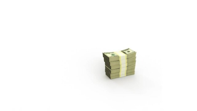 Bundles of 100 American dollars money appear on a white background. Cash bills. Finance and investment concept, currency exchange. 3D animation with alpha channel