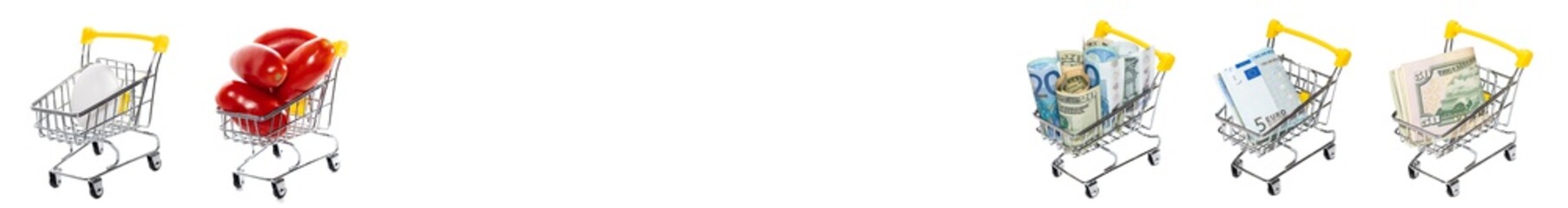 Shopping carts with us dollar and euro bills on one end, carts with single fresh white egg and tomatoes on the other end. Isolated on white background. Eggs, tomatoes shopping. Banner. Copy space