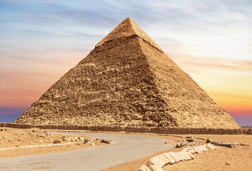 Fototapeta na wymiar The Pyramid of Khafre or Chephren in the sunny desert of Egypt, Giza