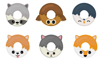 Cute set with cartoon donuts in the form of animals. Raccoon, owl, penguin, corgi dog, cat, fox.