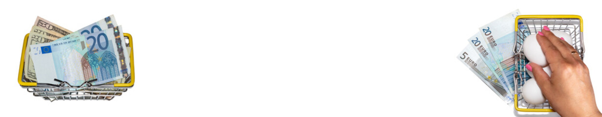 Shopping basket with us dollar and euro bills, basket full of white eggs with euro bills underneath on the other end and hand taking an egg from it. Isolated, white background. Banner. Copy space