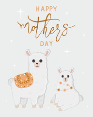 Vector cartoon card. Happy mother's day with llama family on blue background. Cute alpaca