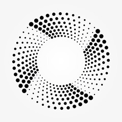 Abstract circular object. Dotted round logo. Halftone swirl object. Halftone dots circle texture, pattern, background.  Vector art illustration. Halftone design element.