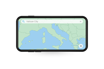 Searching map of Vatican City in Smartphone map application. Map of Vatican City in Cell Phone.