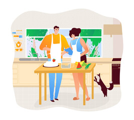 Cooking, people in kitchen, healthy food, woman preparing dinner, man, young cook, design cartoon style vector illustration.